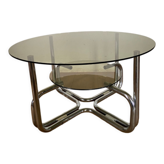 Coffee table chrome and smoked glass round 70s space age