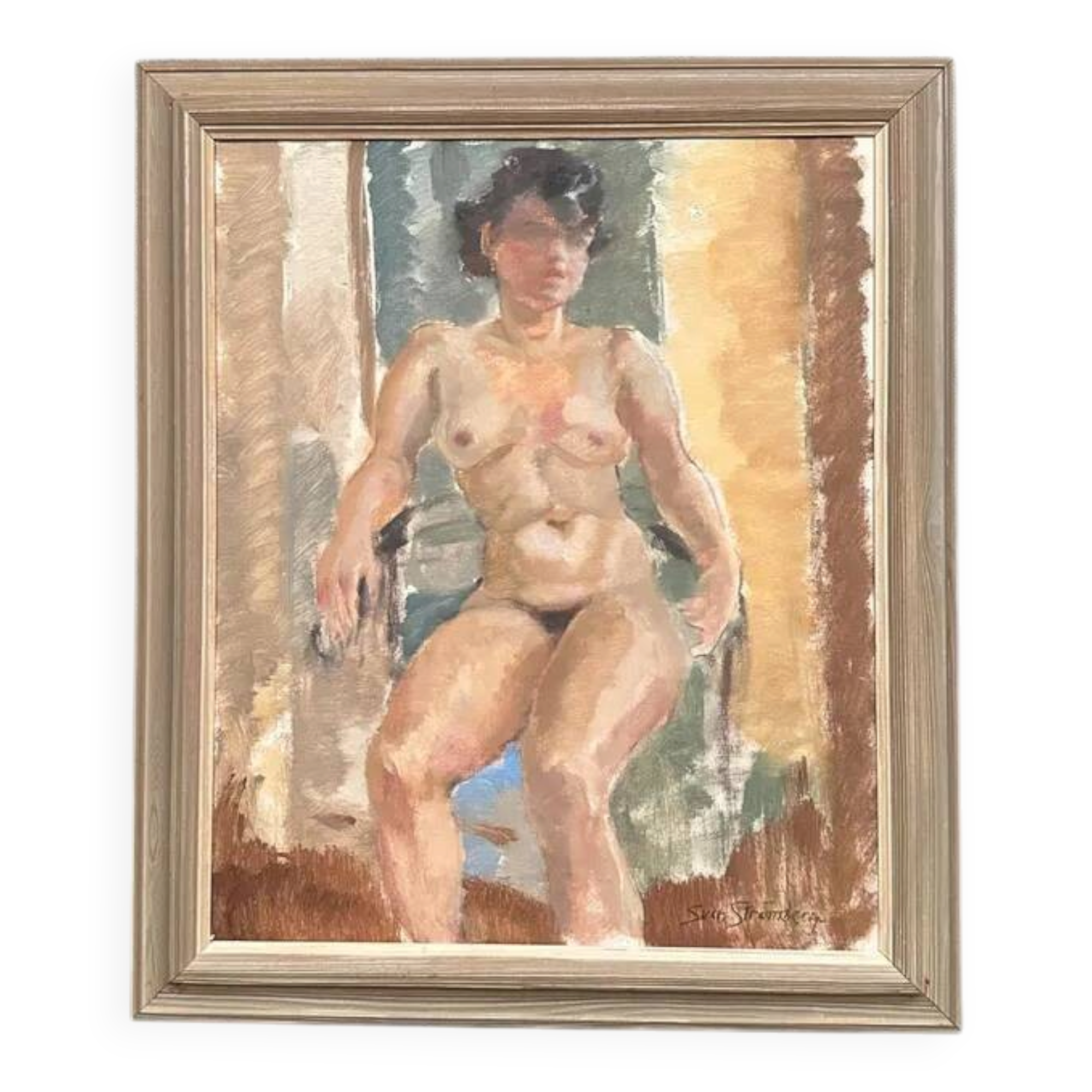 Huile sur toile originale – “Dame assise” par Sven Strömberg – Signée – Vintage et encadrée