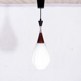 Scandinavian teak and opaline glass pendant lamp