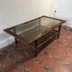 Table basse rotin et lien de cuir vintage 1970