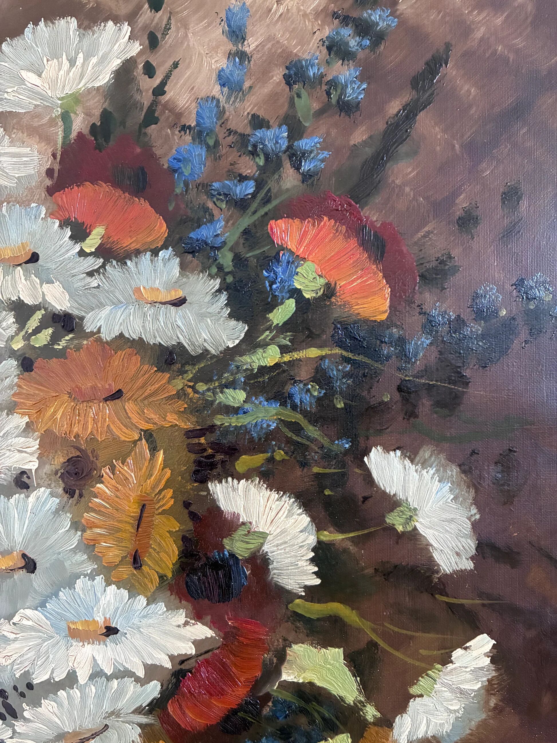 Vintage original floral oil painting with wildflowers in blue vase