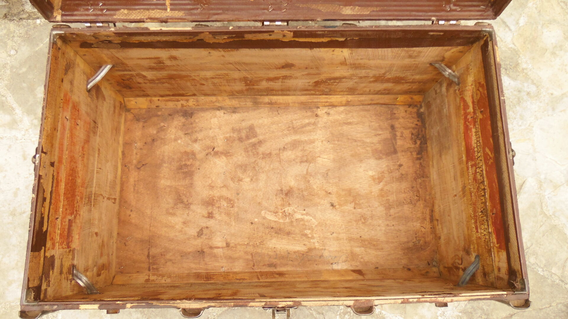 Former large wooden and iron trunk