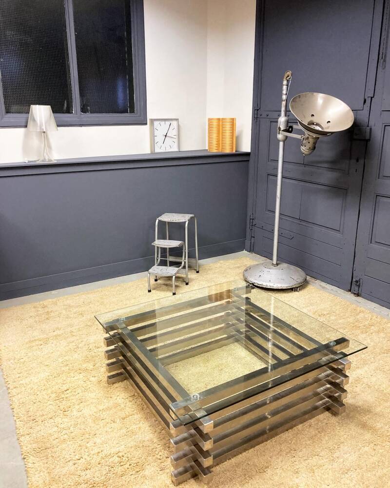 Polished stainless steel coffee table - Italian '70s style