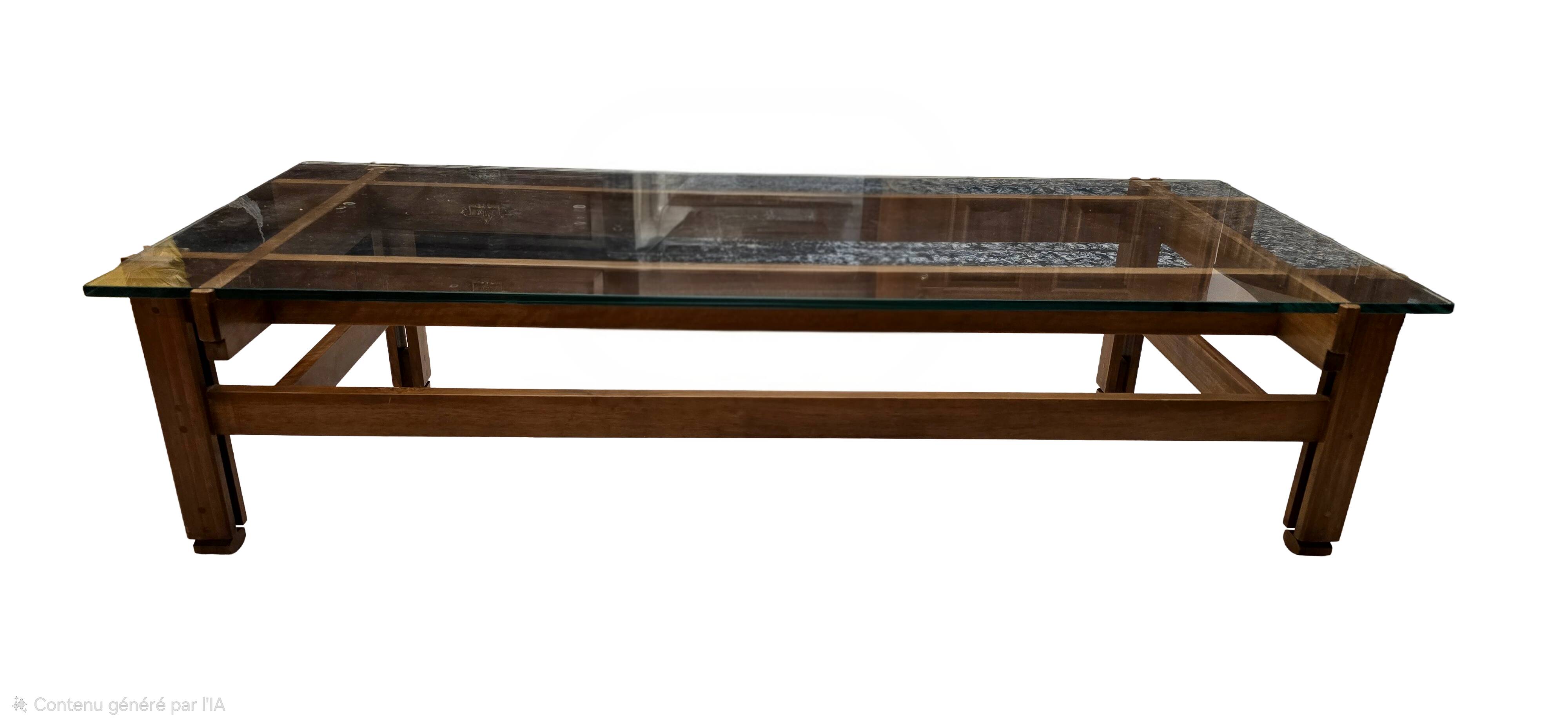 Glass coffee table with a wooden frame.