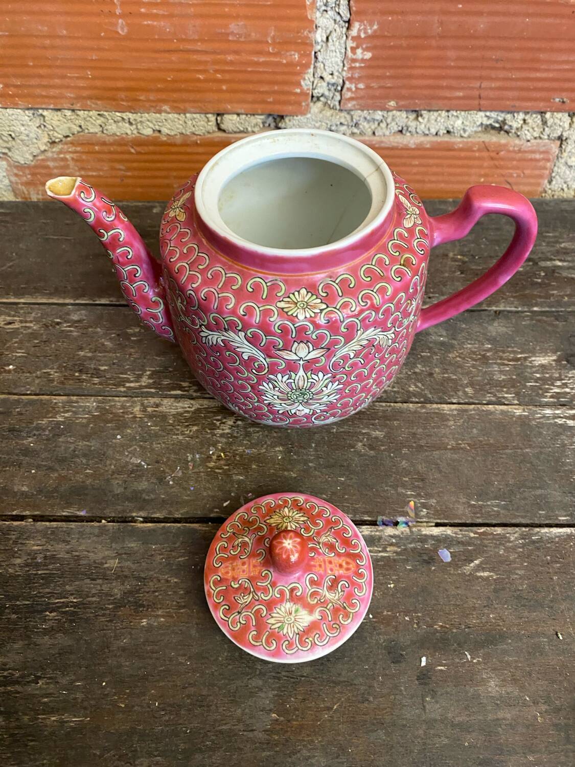 Antique MUN SHOU Teapot Pink Porcelain Flower Decor China Vintage #