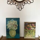 tableau / huile sur toile nature morte bouquet coloré années 50
