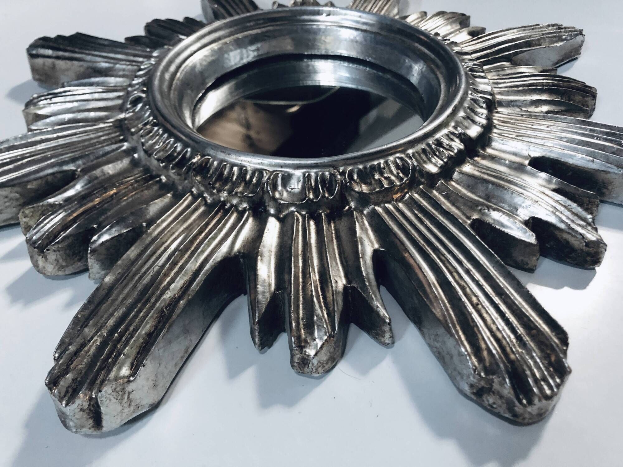 Wall Sun Mirror • Large Model • Carved Wood • Silver • 1960-70