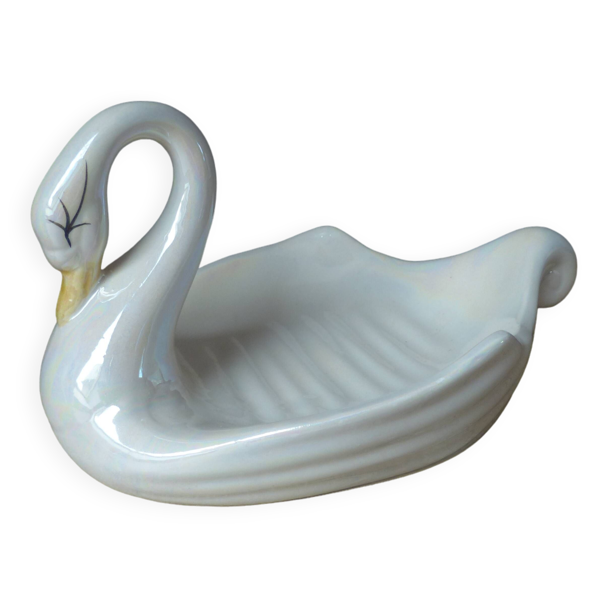 Soap holder or swan trinket in vintage iridescent white ceramic, swan sponge holder, jewelry holder