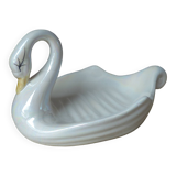 Soap holder or swan trinket in vintage iridescent white ceramic, swan sponge holder, jewelry holder