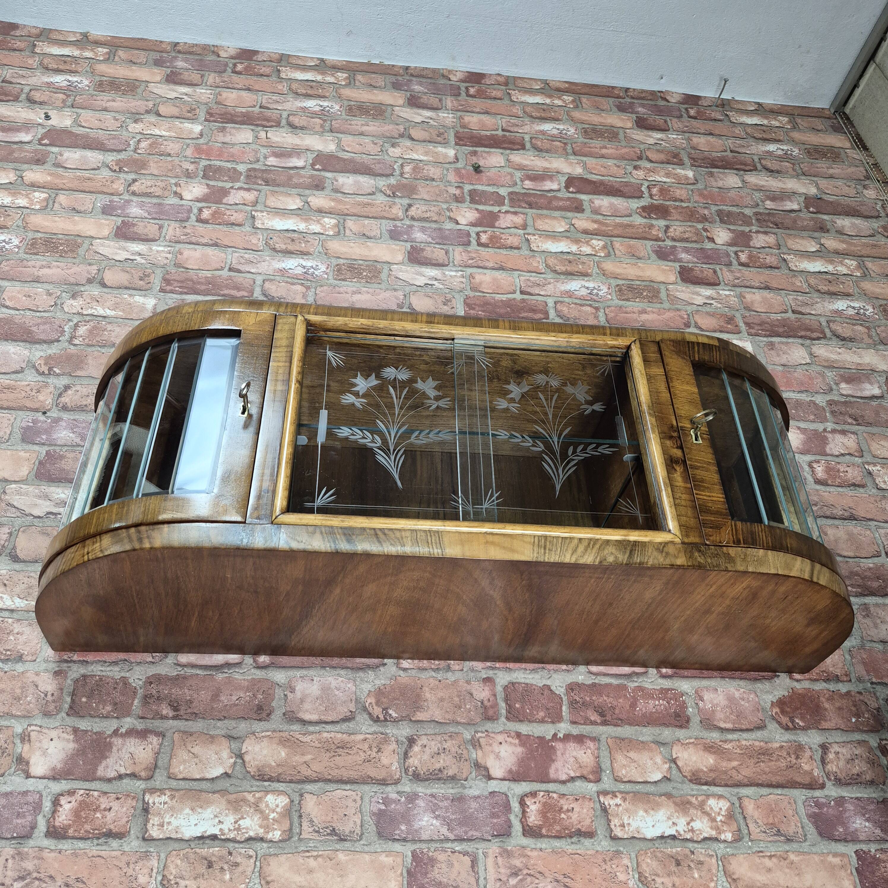 Upcycled Art Deco Walnut Wall Cabinet with Engraved and Slatted Glass - 193