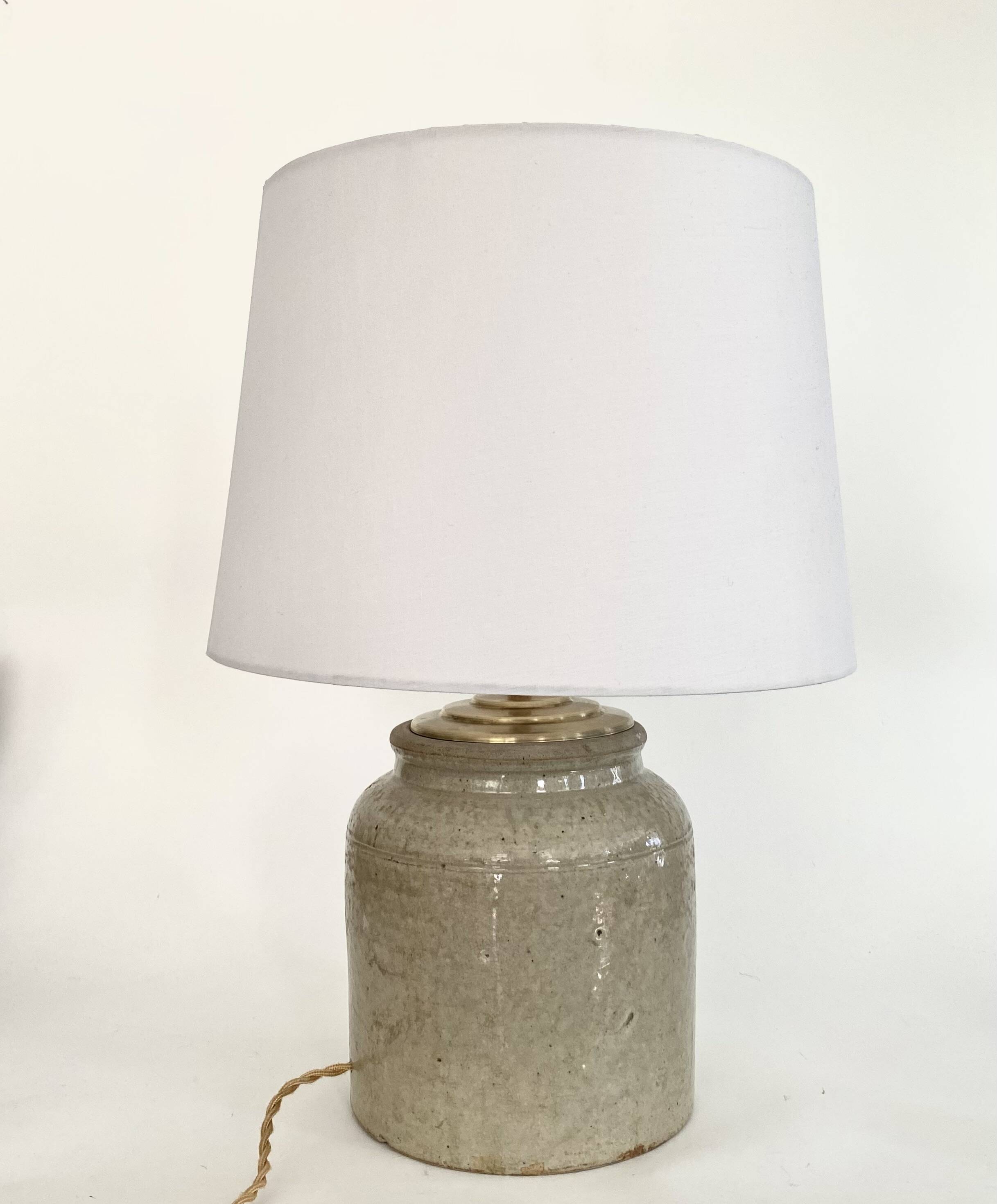 Lampe grès, câble tissu 2 M, abat-jour coton
