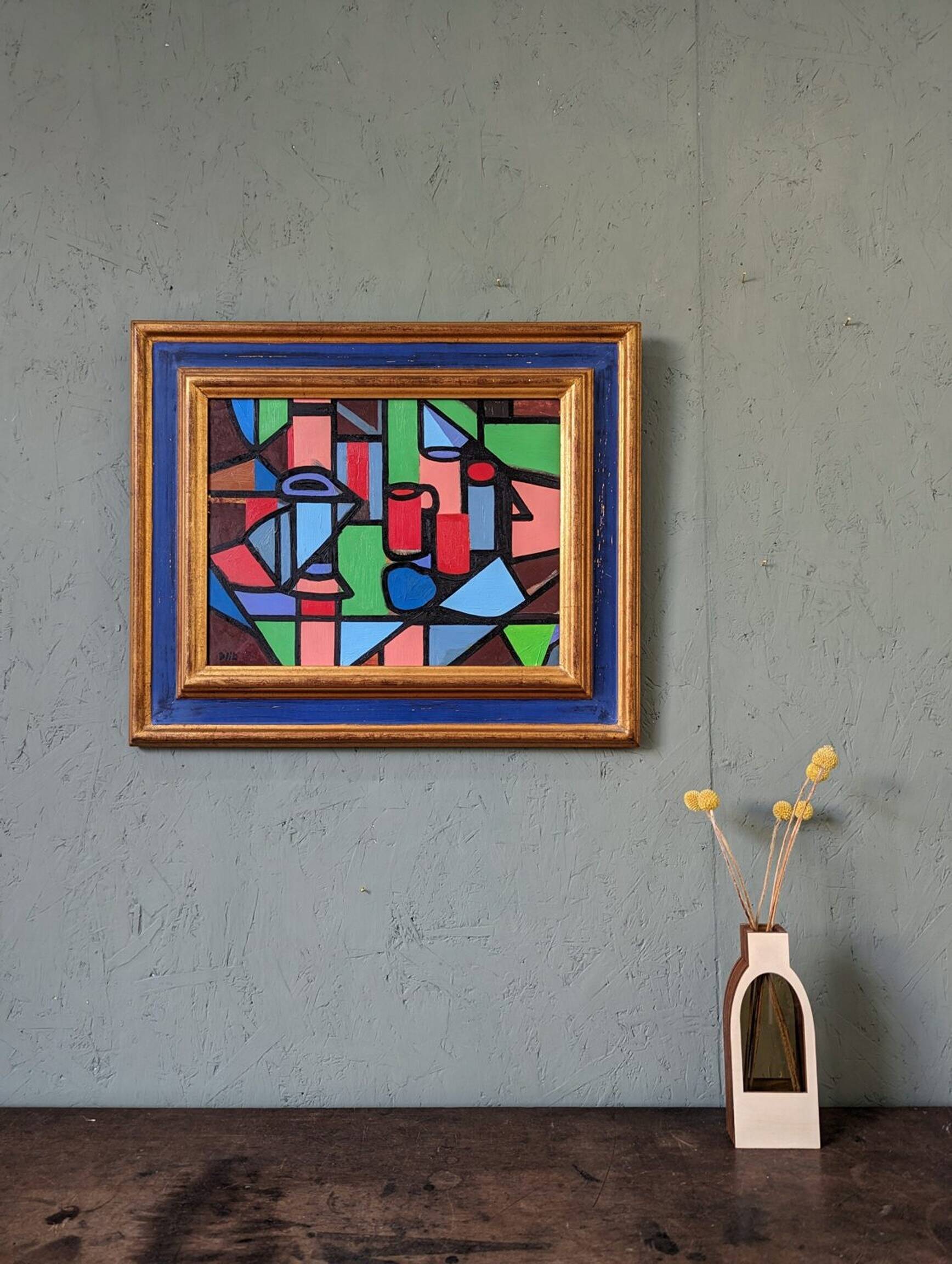 Mid-Century Modern "Geometric Still Life" Vintage Swedish Cubist Still Life Oil Painting, Framed