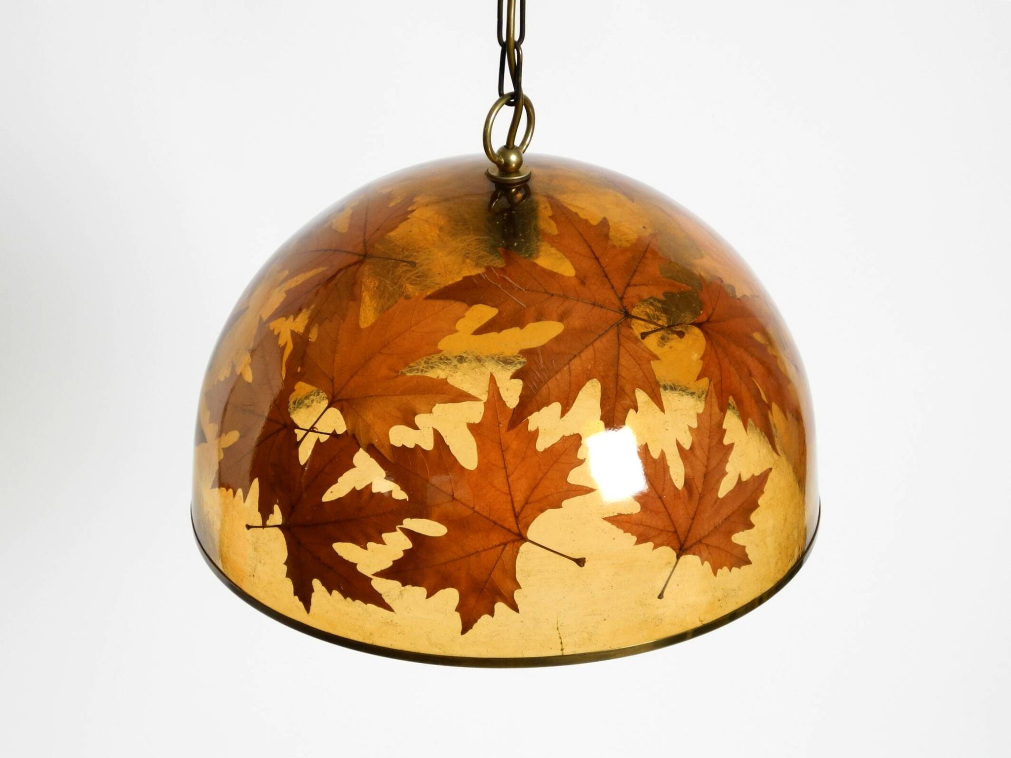 Rare, large 1970s Italian resin pendant lamp with embedded maple leaves