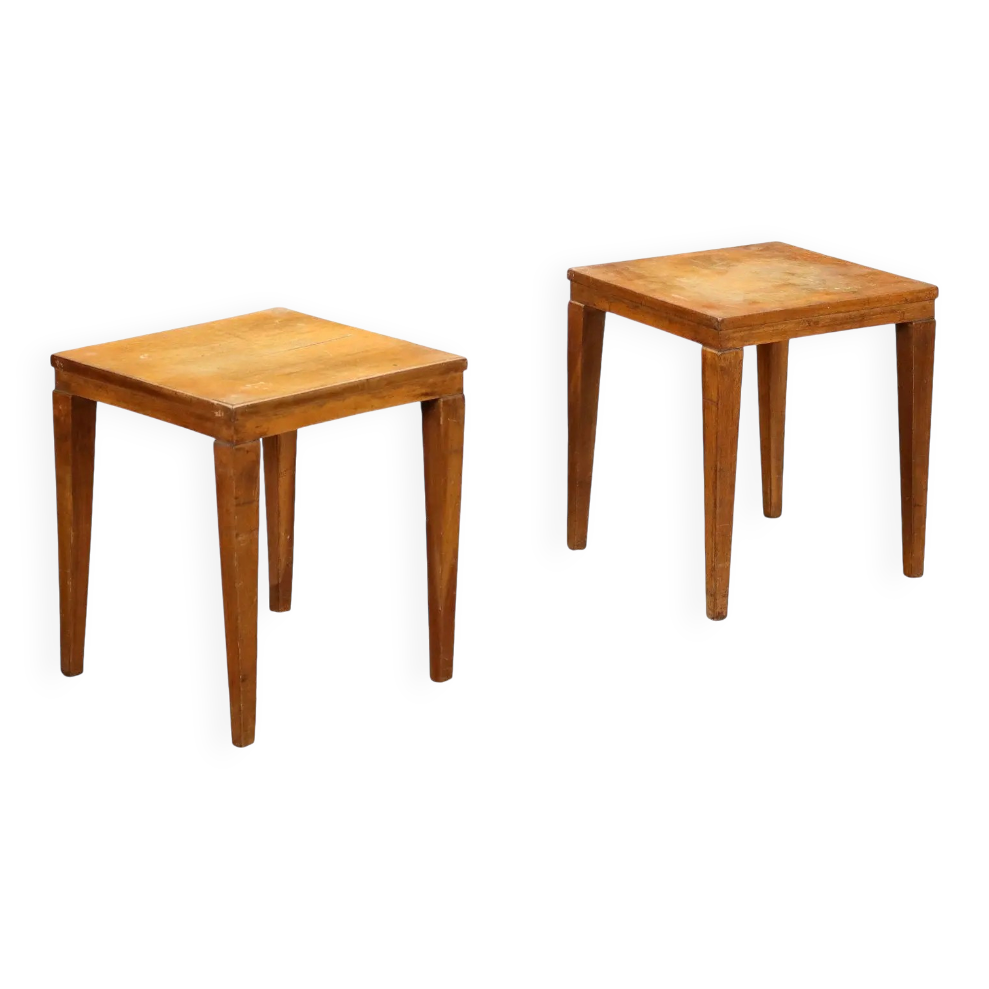 Vintage coffee tables from the 1950s in walnut, with truncated pyramid legs.