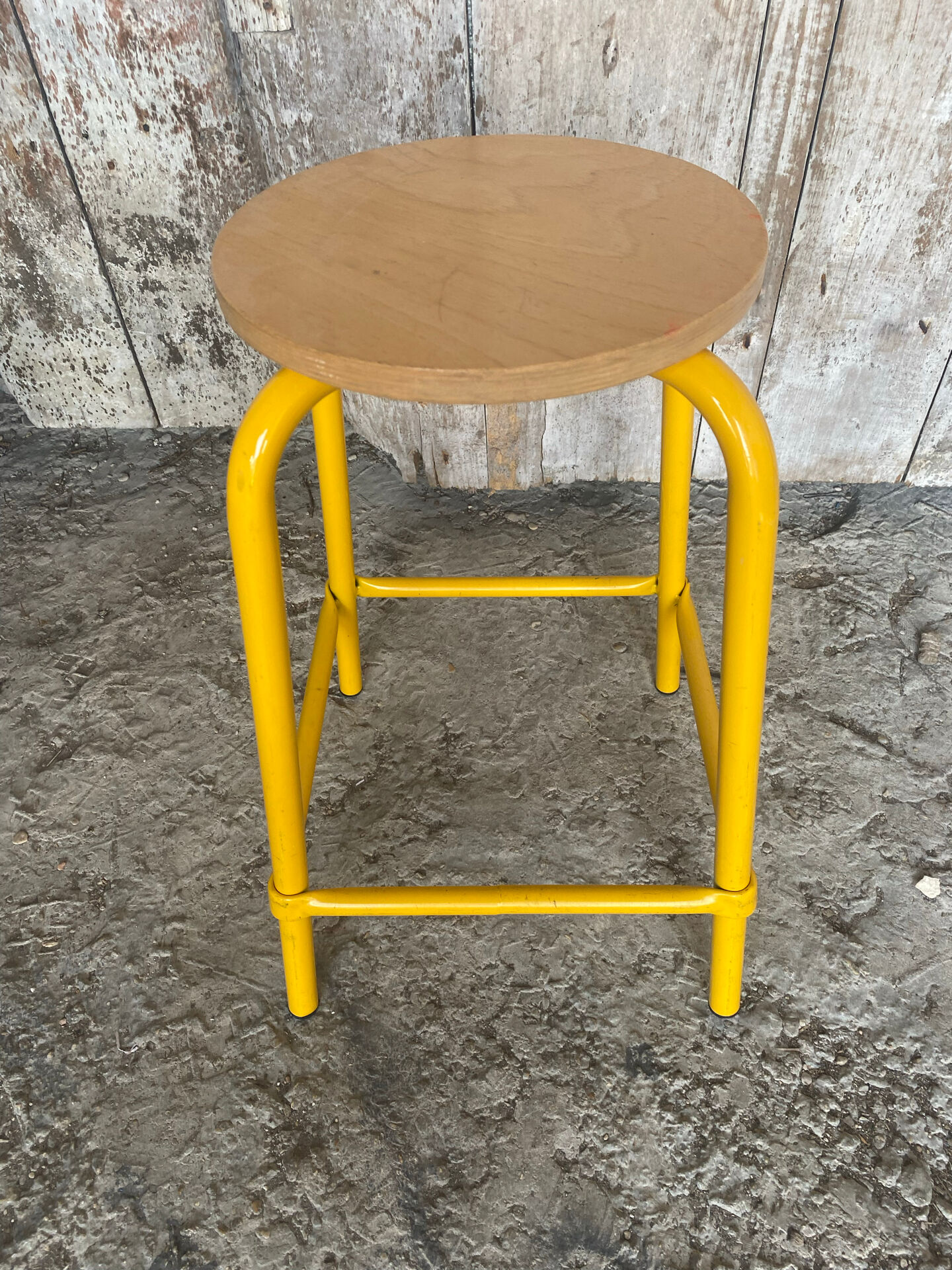 Vintage Industrial Stool DPC Yellow Metal Tube + Wooden Seat