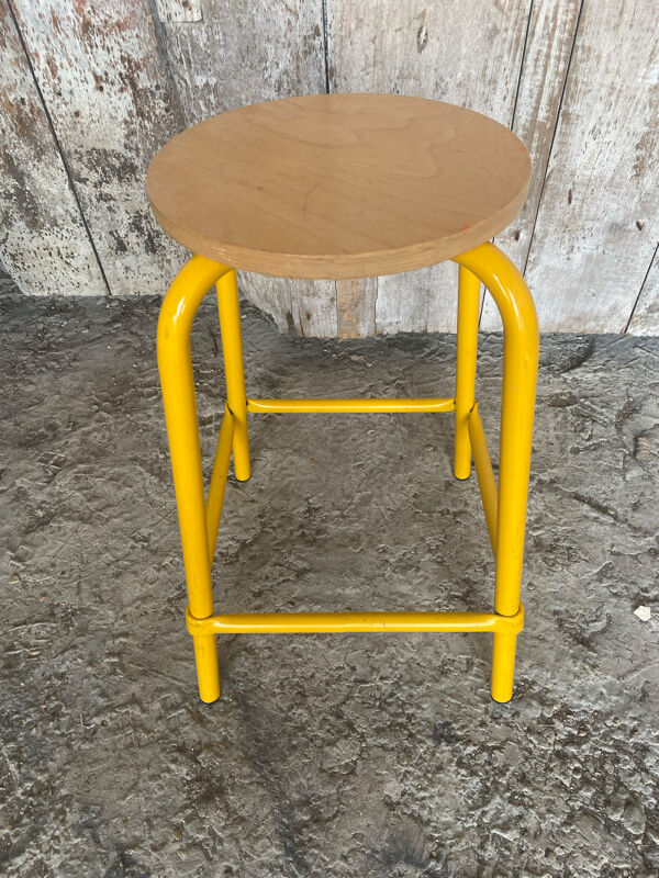 Tabouret Industriel Ancien DPC Tube Métal Jaune + Assise Bois Vintage