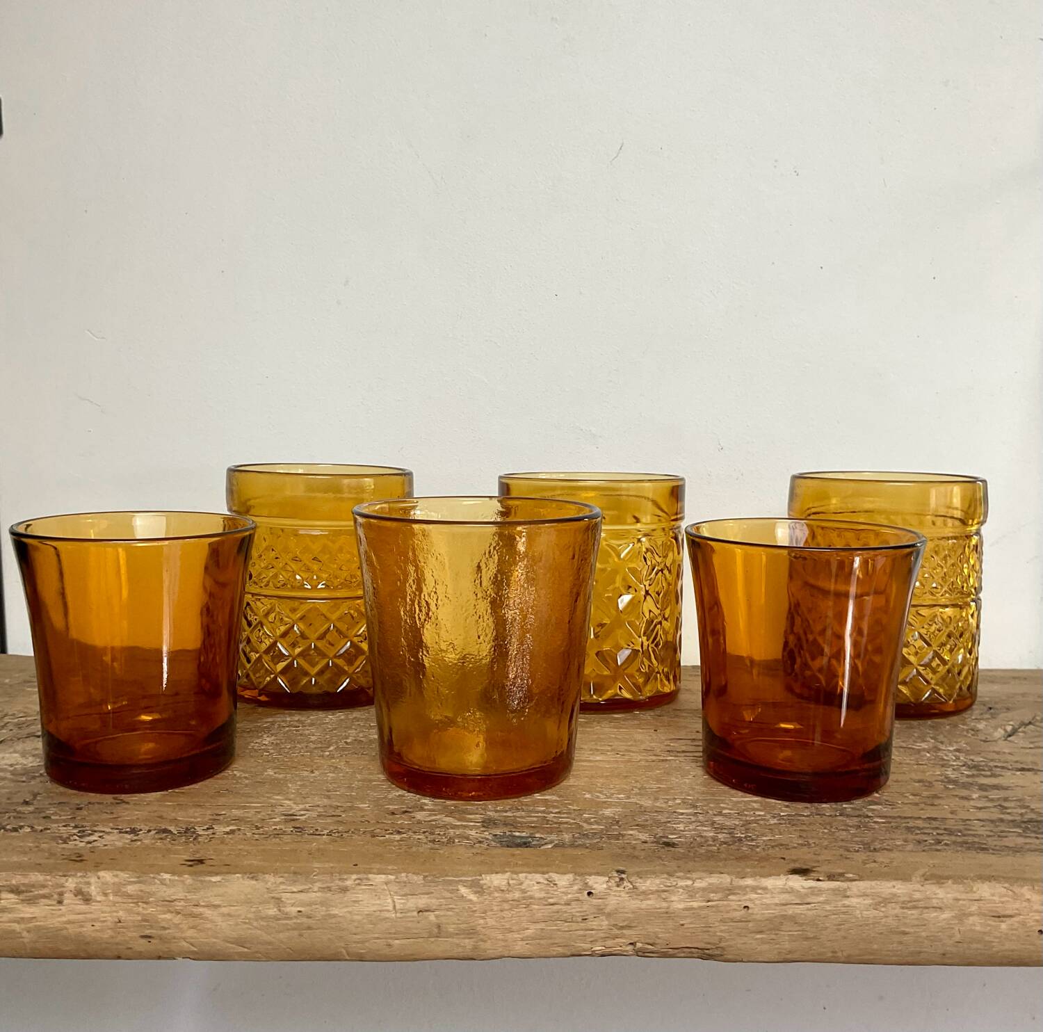 6 mismatched vintage amber glasses