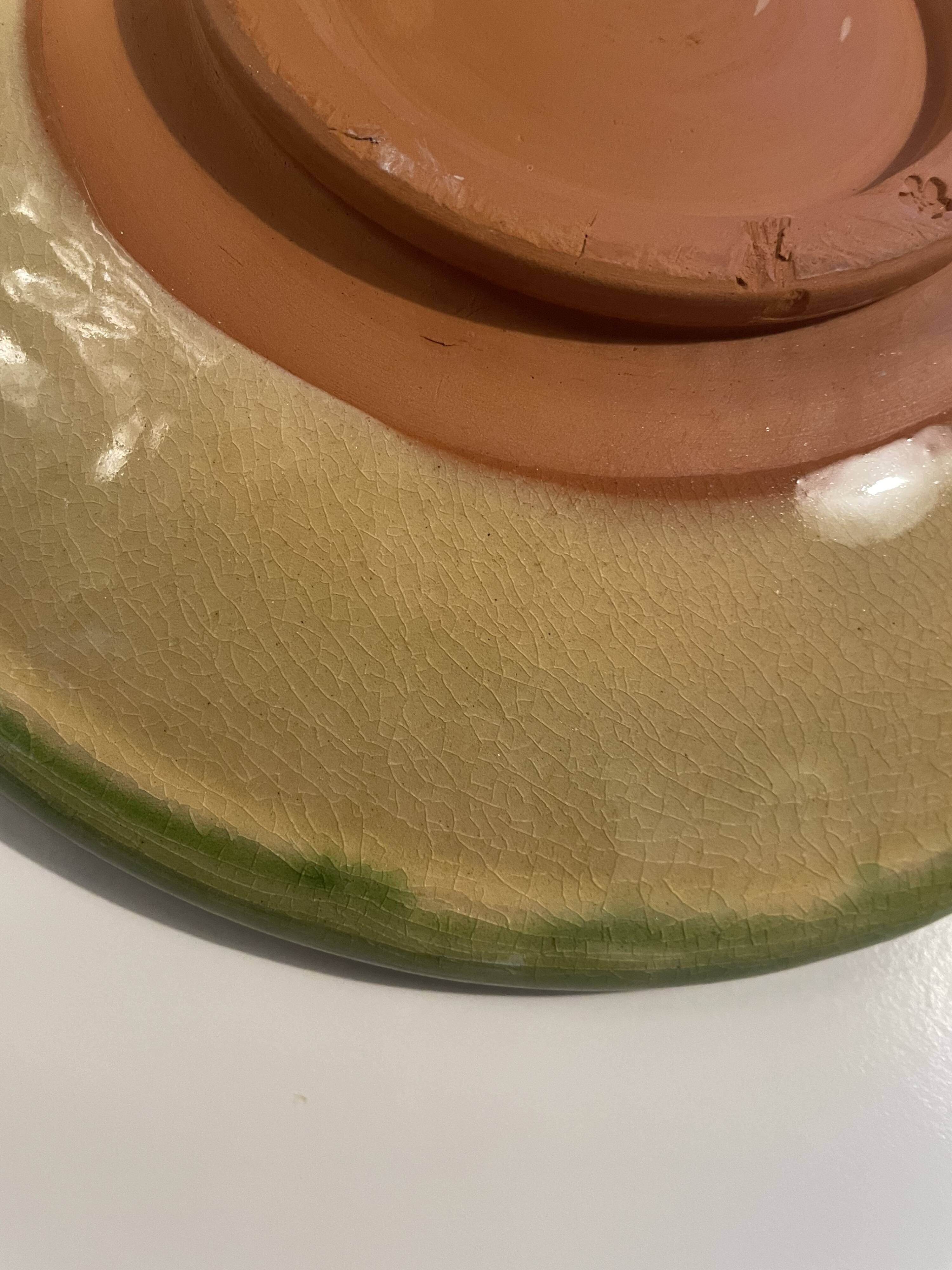 Decorative glazed terracotta plate with olive leaf pattern.