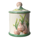 Pot with lid in slip decorated with new onions / garlic. Manufacturer: HANDARBEIT Italy