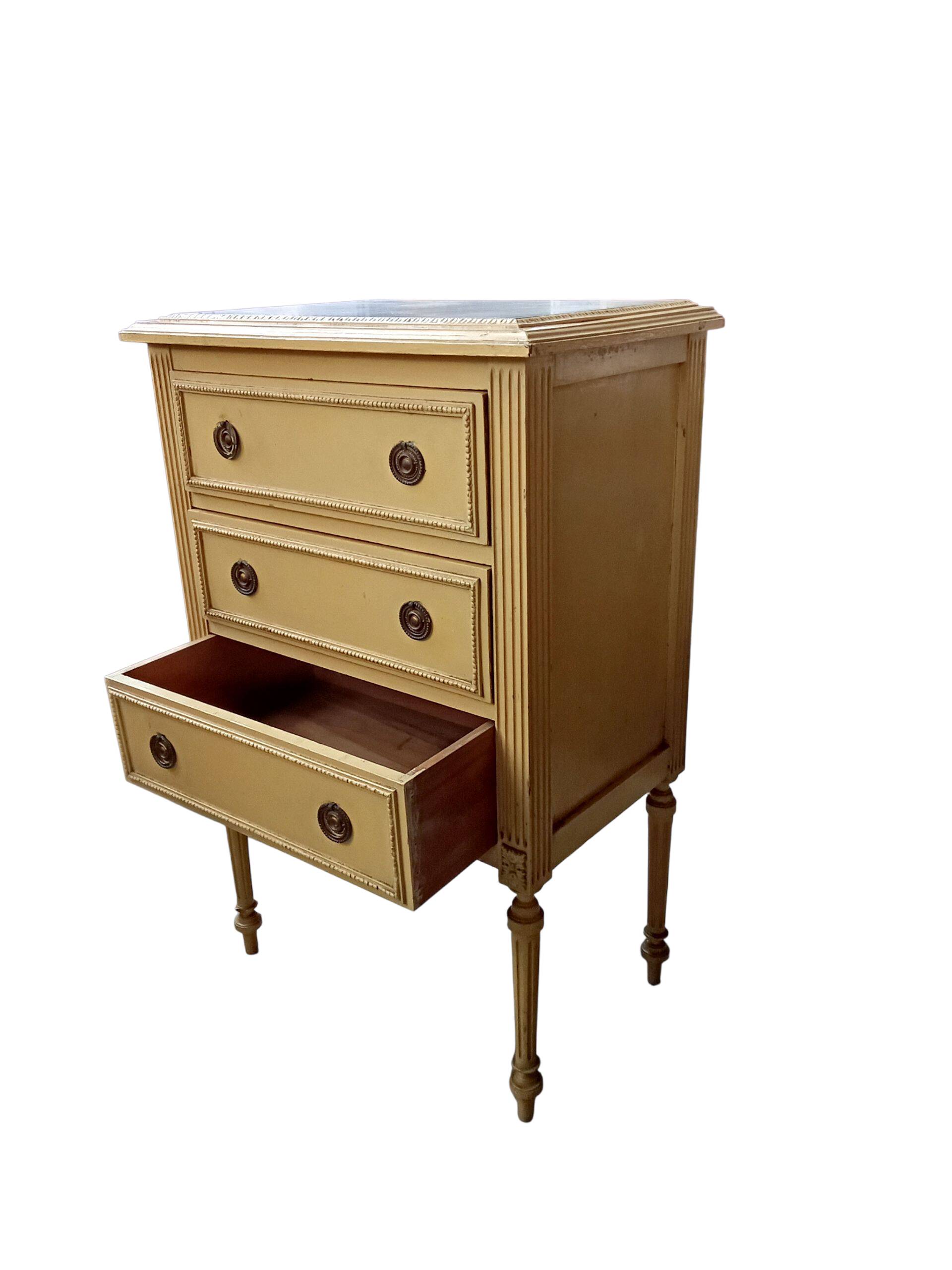 Antique small side table, Louis XVI style chest of drawers