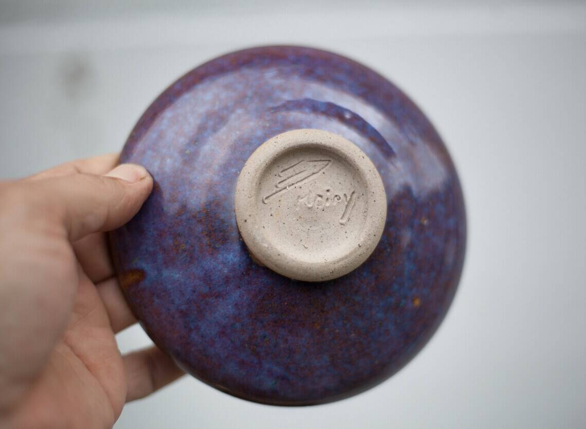 Signed stoneware bowl, glazed stoneware bowl, blue/purple bowl, empty pocket