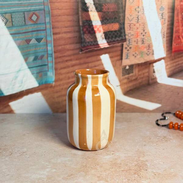 Striped Cream & Light Brown Vase in artisanal ceramic