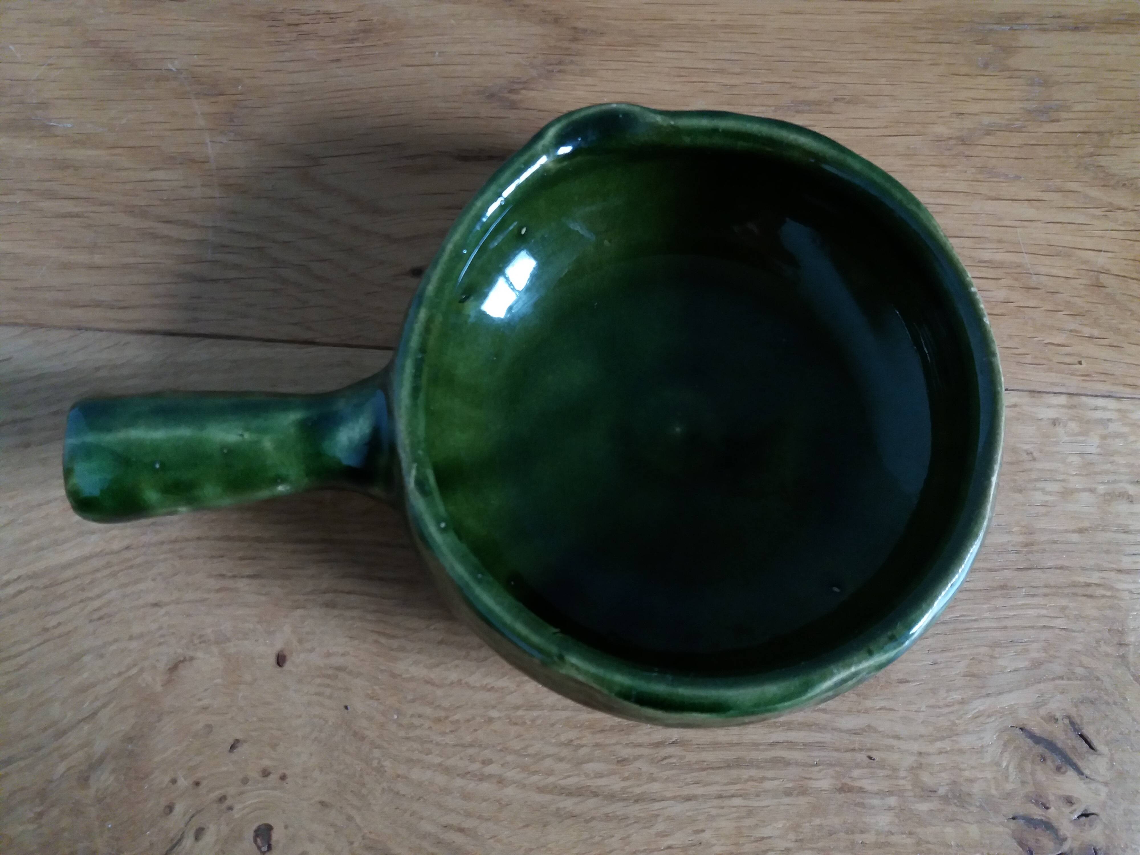 Olive green glazed terracotta fondue pot