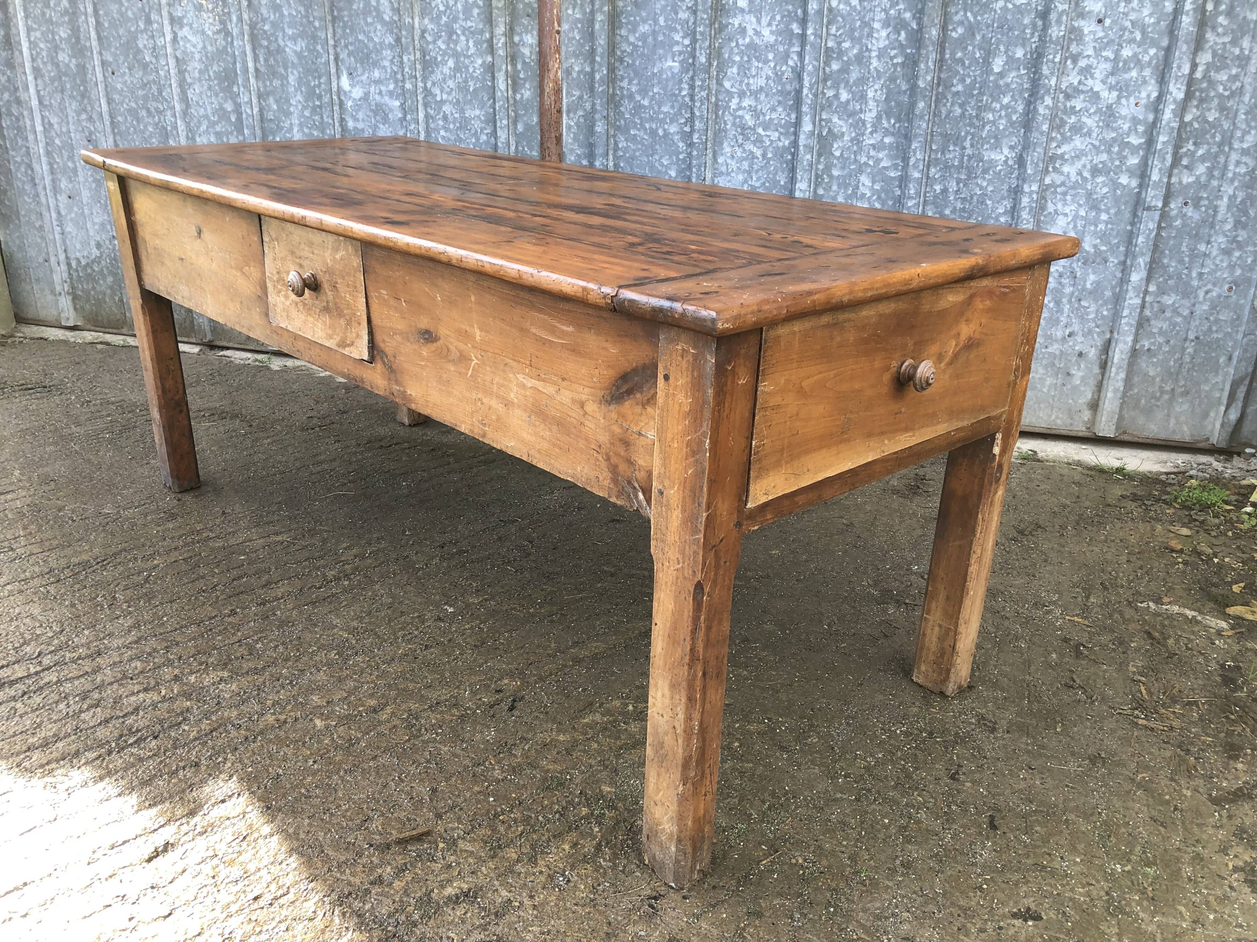 Antique Rustic Solid Cherry Farmhouse Table with 3 Drawers and 1 Pull Out
