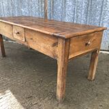 Table de ferme rustique ancienne en cerisier massif à 3 tiroirs et 1 tirette