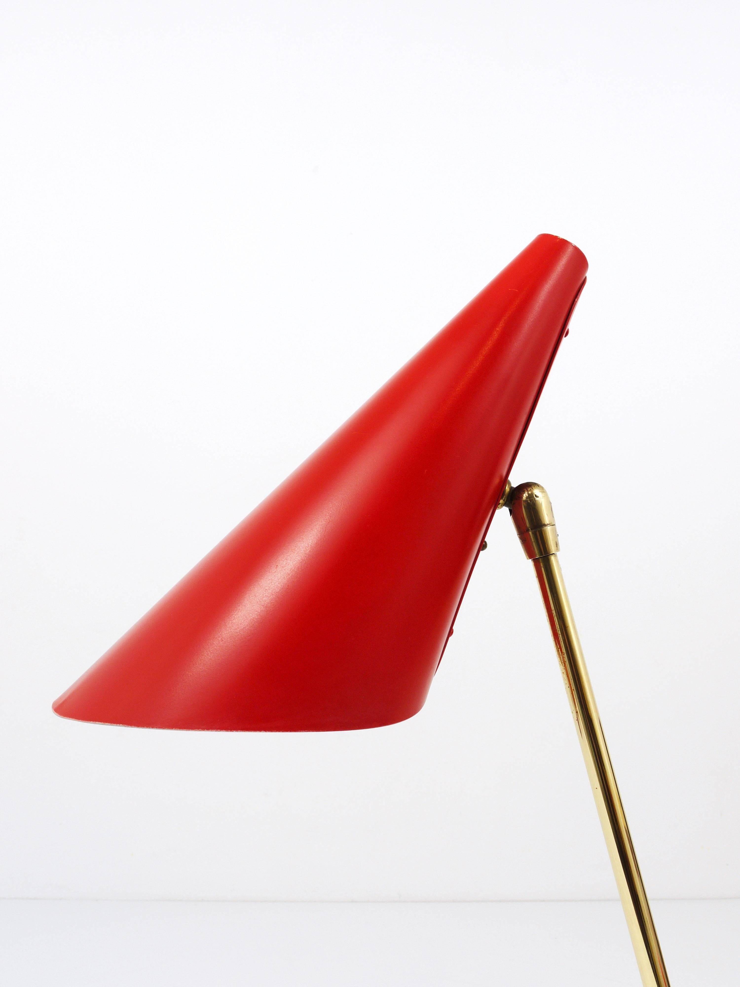 Red brass table lamp in the style of J.T. Kalmar, mid-century, Vienna, Austria, 1950s.
