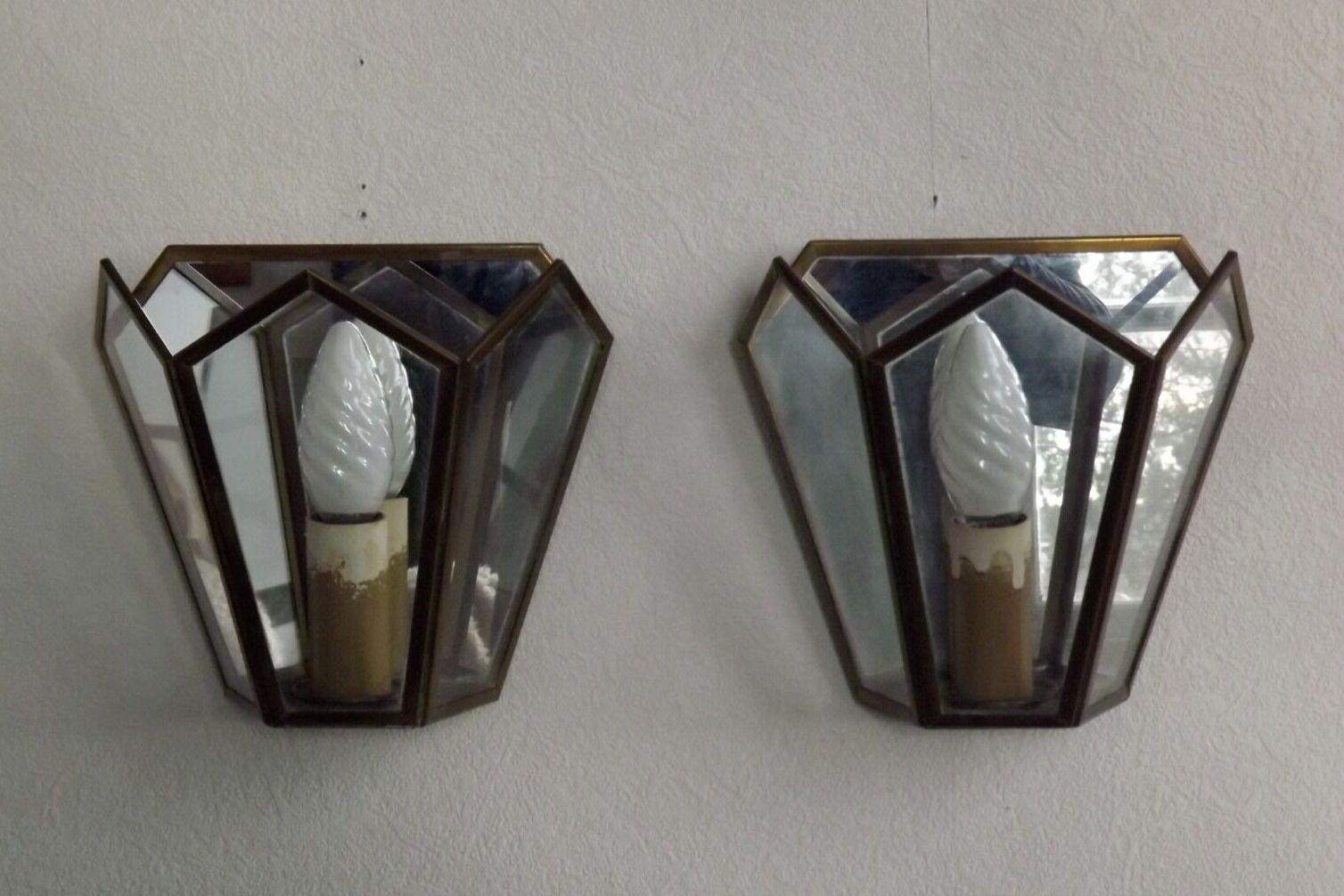 Matching pair french mid century copper & glass single light wall lanterns 3915