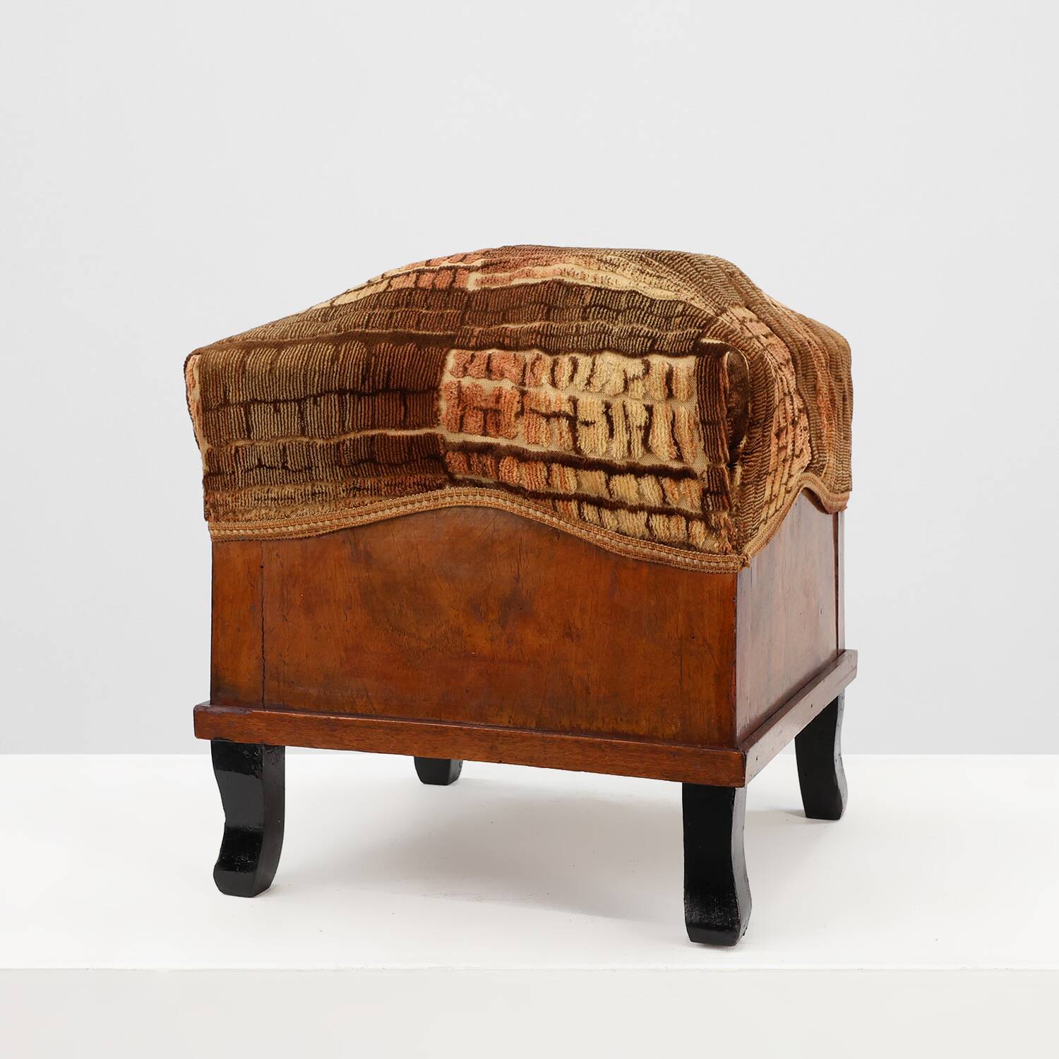 Art Deco walnut stool with original velvet upholstery, Italy 1920s