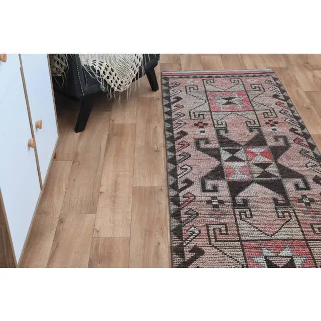 Vintage Turkish Oushak Handmade Wool Pink Brown Runner Rug 87x320