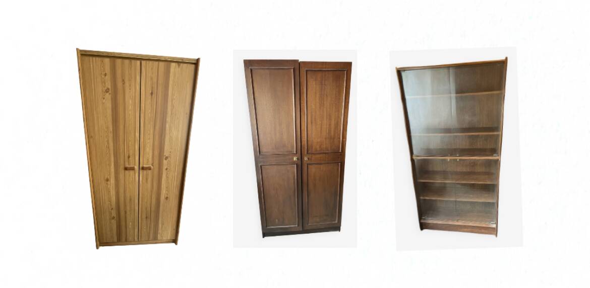 Set of 2 vintage solid wood cabinets + designer display cabinet