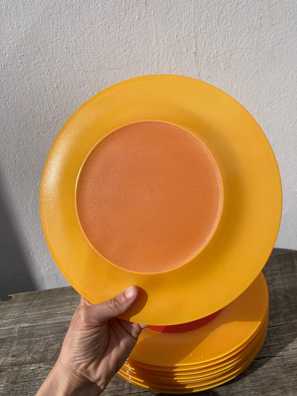 10 yellow and orange glass dinner plates
