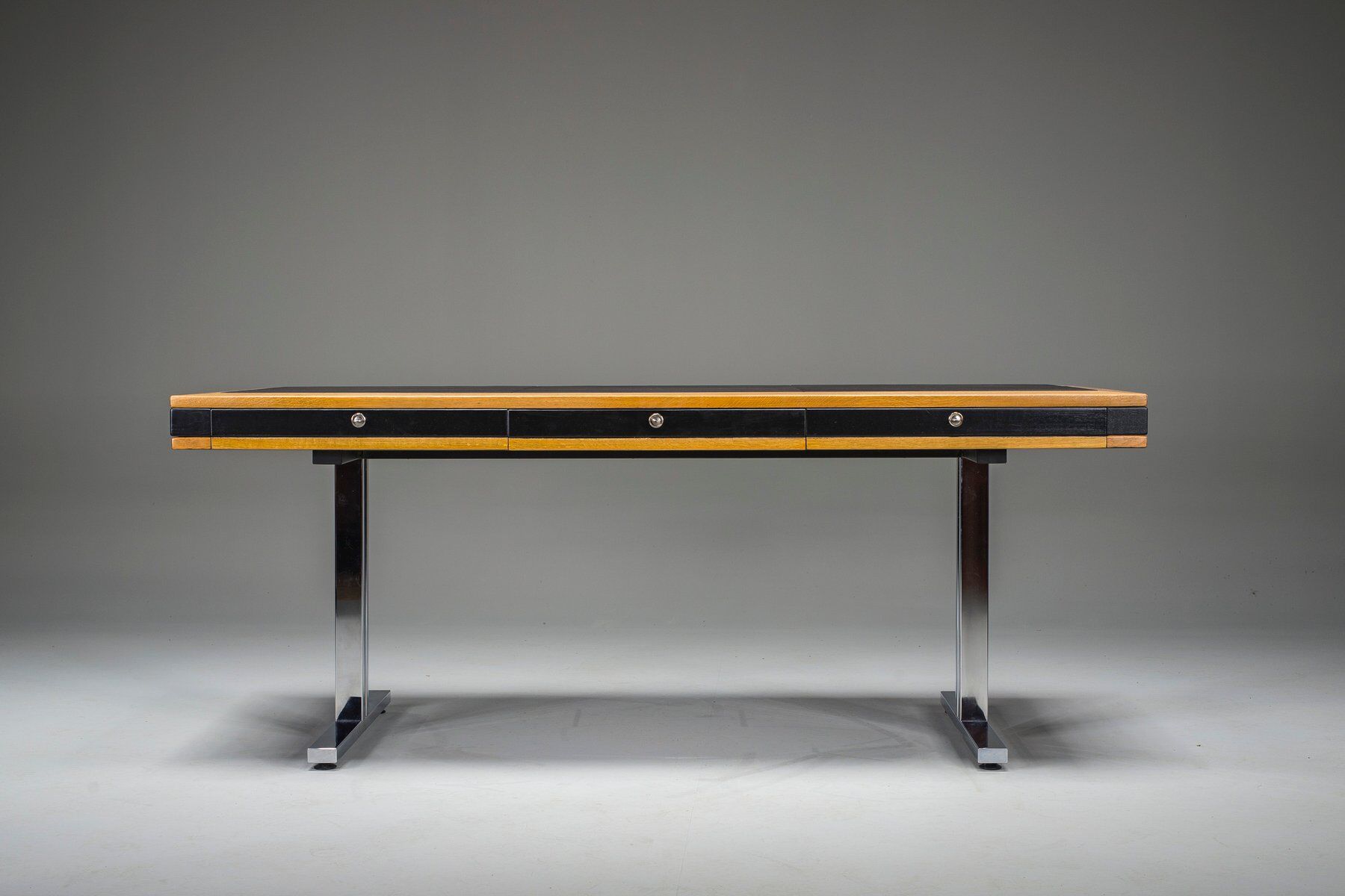 Mid-century modern oak and chrome desk with leather top, 1980s