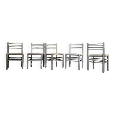 5 chaises de salle à manger / cadre en bois gris clair / siège en cuir / Allemagne années 1970 / étiqueté ''ideen für kuchen - innenarchitektur