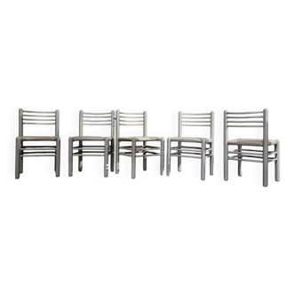 5 x dining chair / light grey wooden frame / leather seat / Germany 1970s / labeled "ideen für kuchen - innenarchitektur"