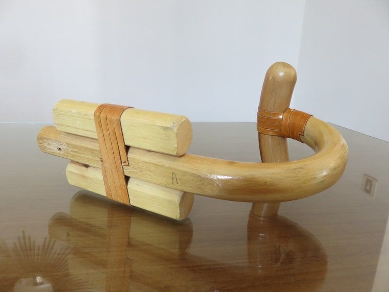 Wooden wall coat door hook with leather straps 60s 70s