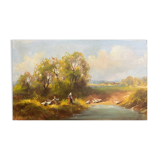 HSP painting "Landscape with shepherdess and child with geese" signed 20th century
