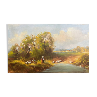 HSP painting "Landscape with shepherdess and child with geese" signed 20th century