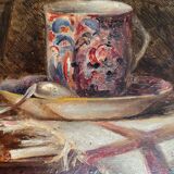 The boiled egg, still life in oil, 19th century.
