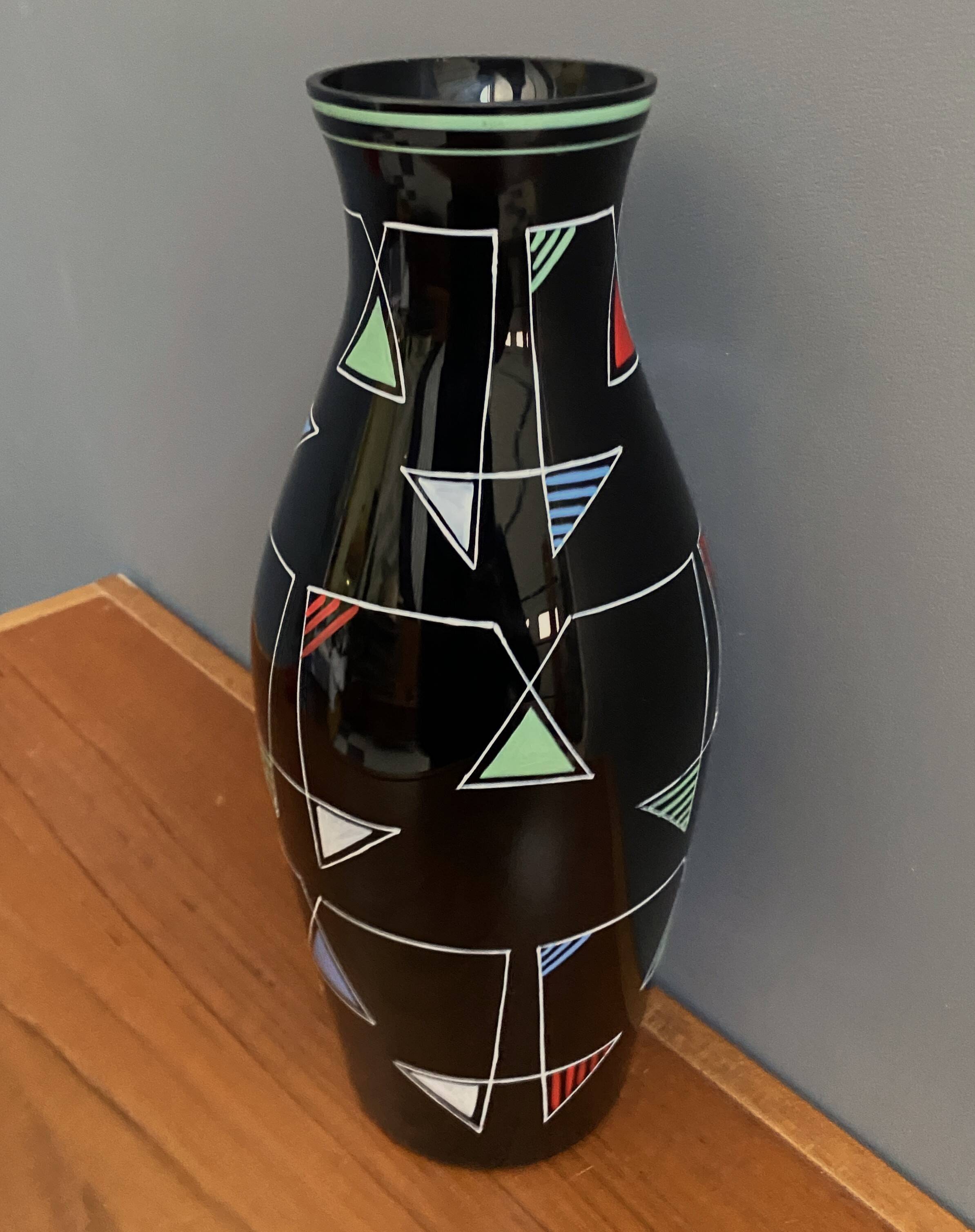 Black Glass vase with enamel decoration by VEB Wasungen 1970s