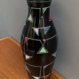 Black Glass vase with enamel decoration by VEB Wasungen 1970s