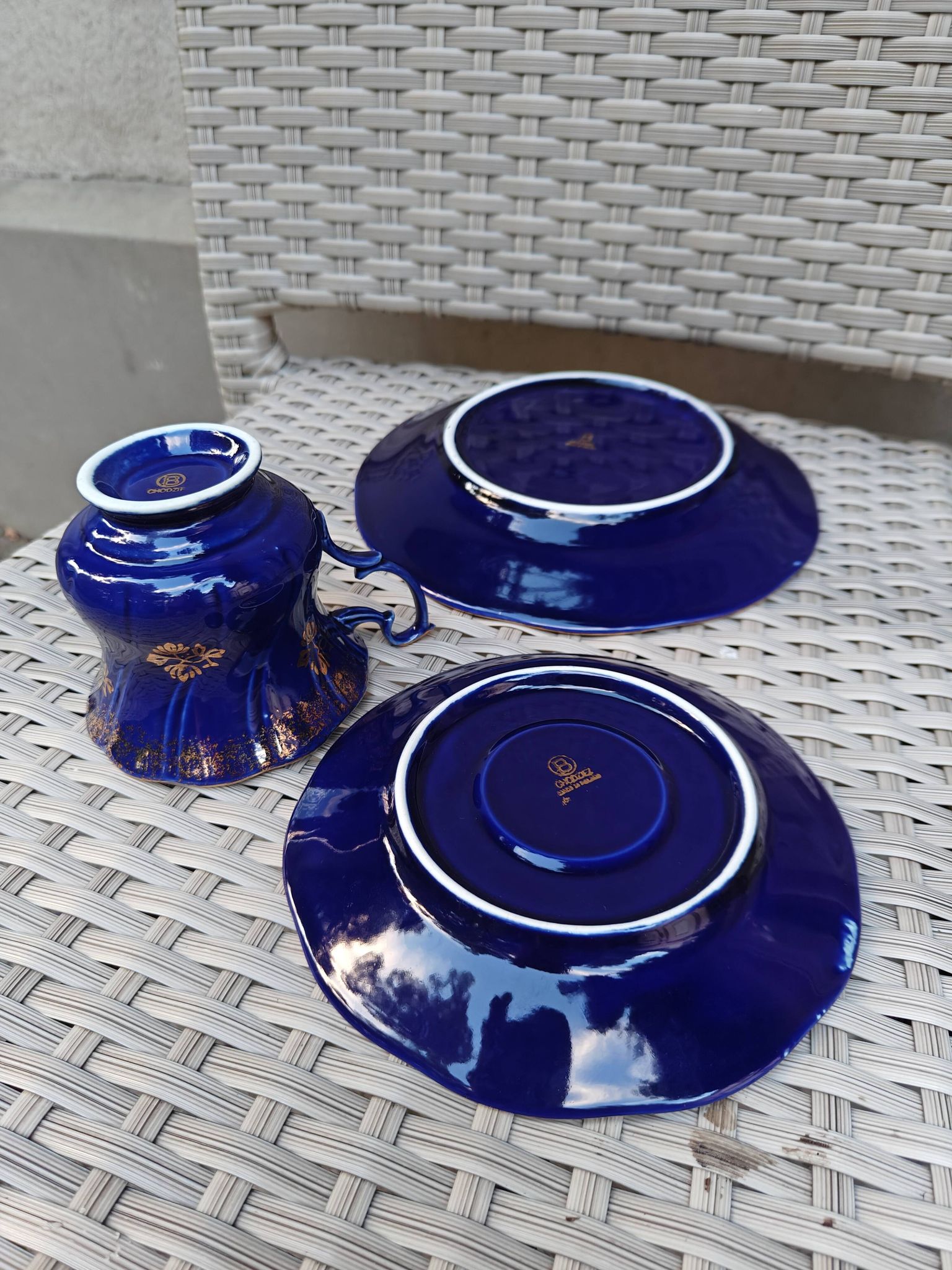 Superb Coffee/Tea Trio in Cobalt Blue & Gold Porcelain - Chodzież Poland