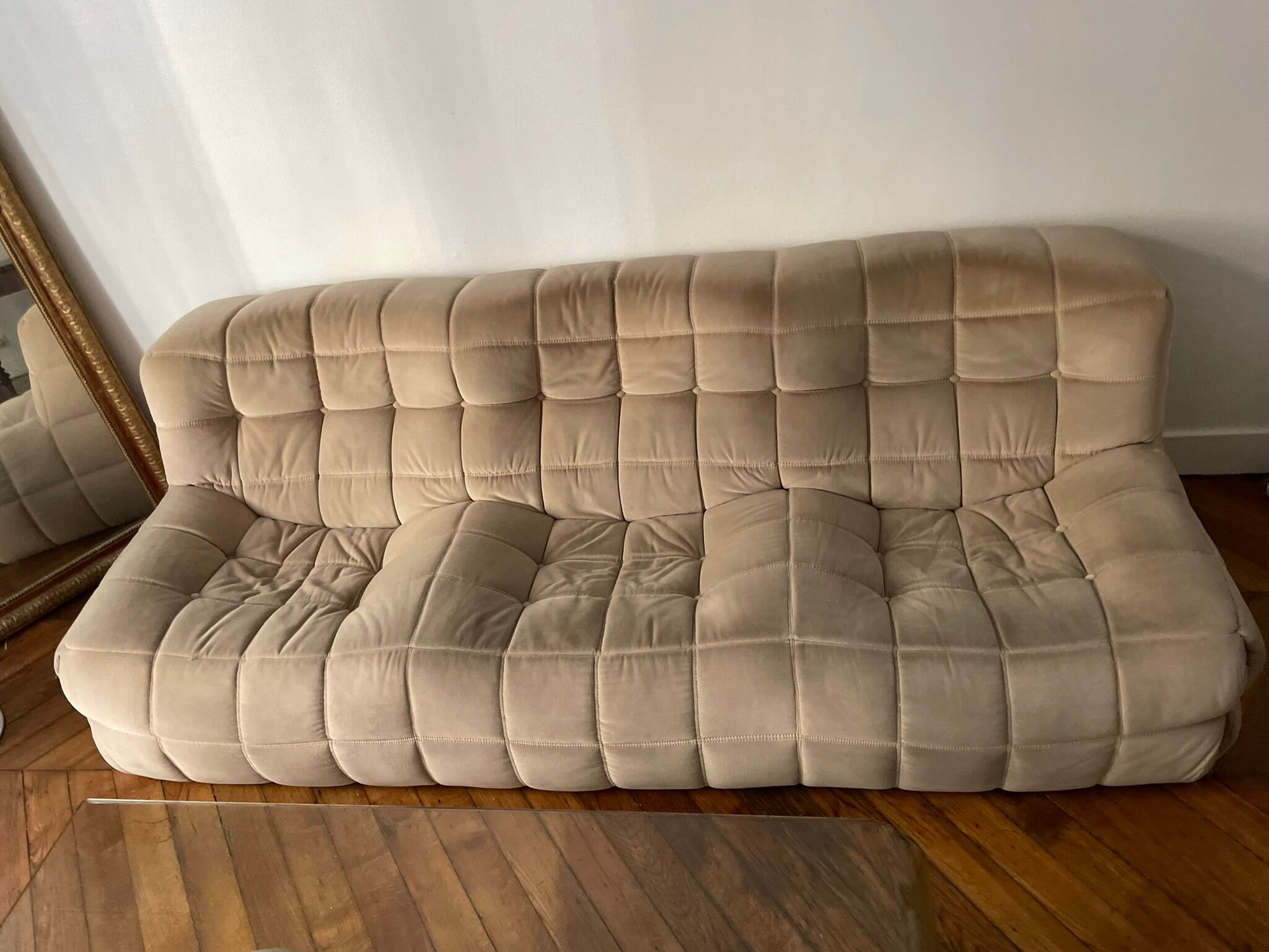 Sofa 3 places Kashima Line Roset velvet beige 70s