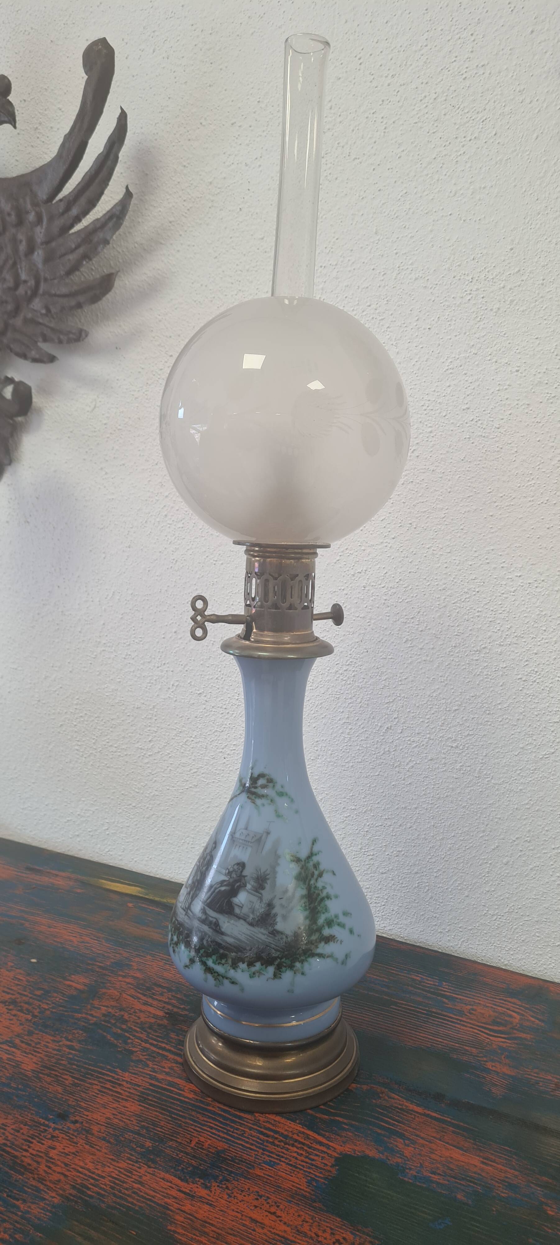 pair of oil lamps in opaline decorated 66x18