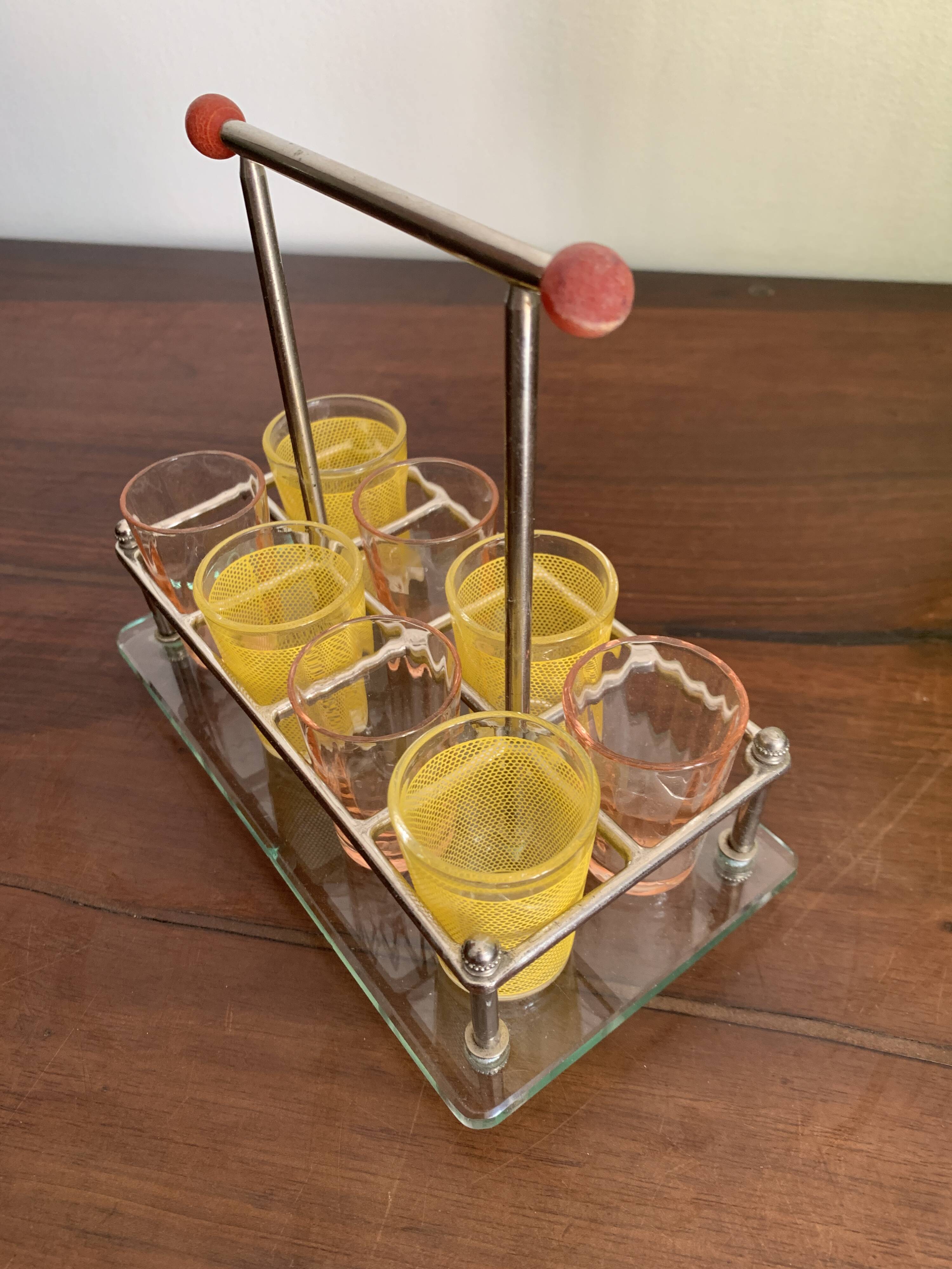 set of six digestive glasses with glass and metal tray