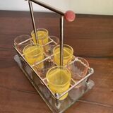 set of six digestive glasses with glass and metal tray