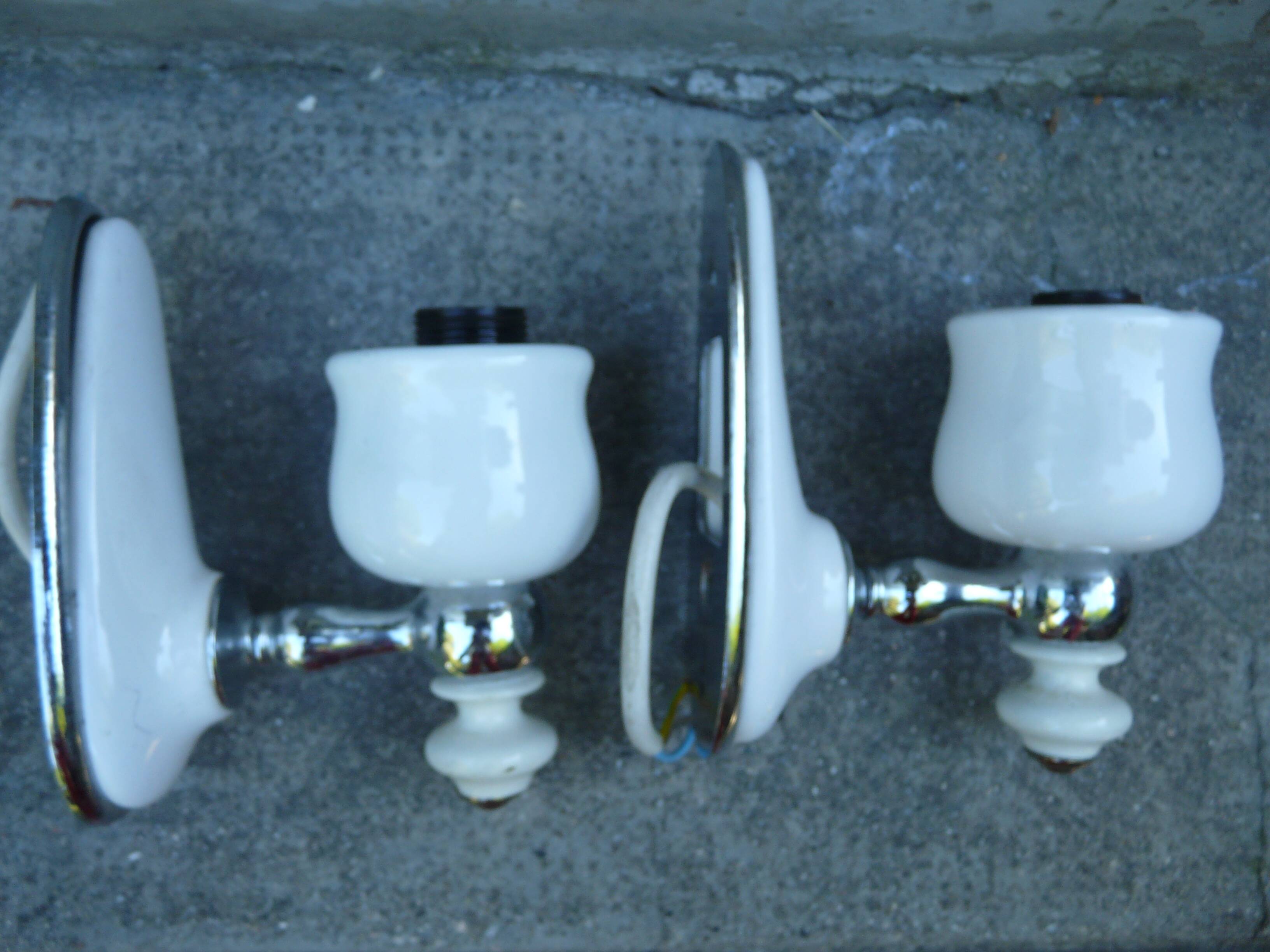 Pair of chrome and white ceramic wall lights